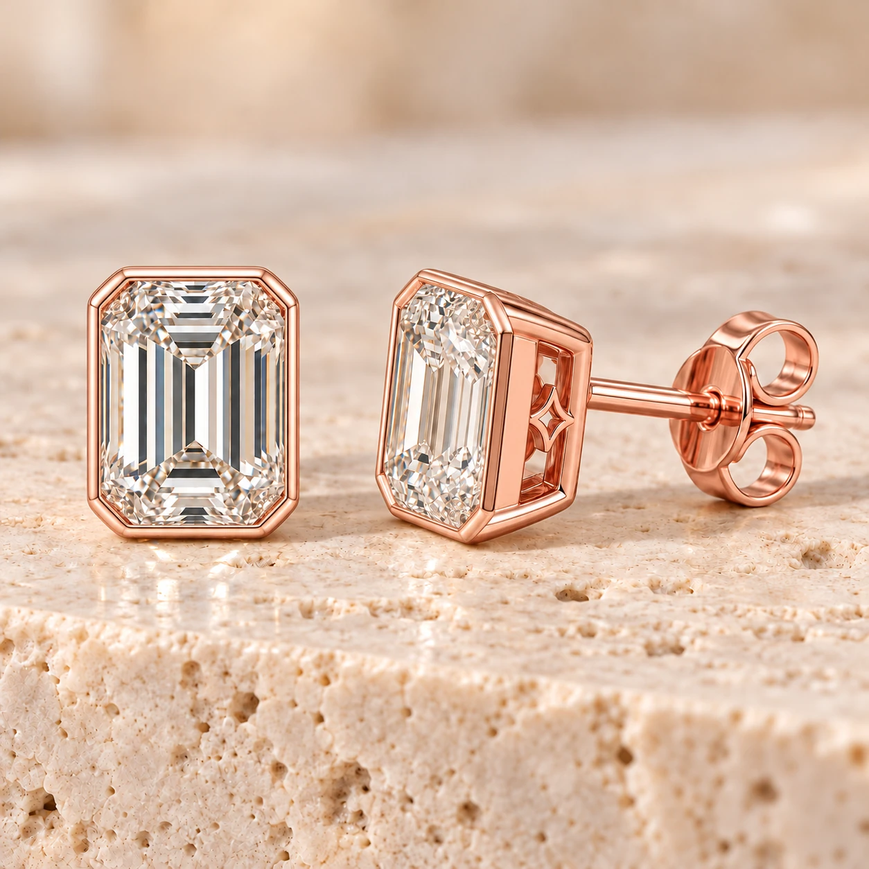 Emerald-cut bezel stud earrings in rose gold