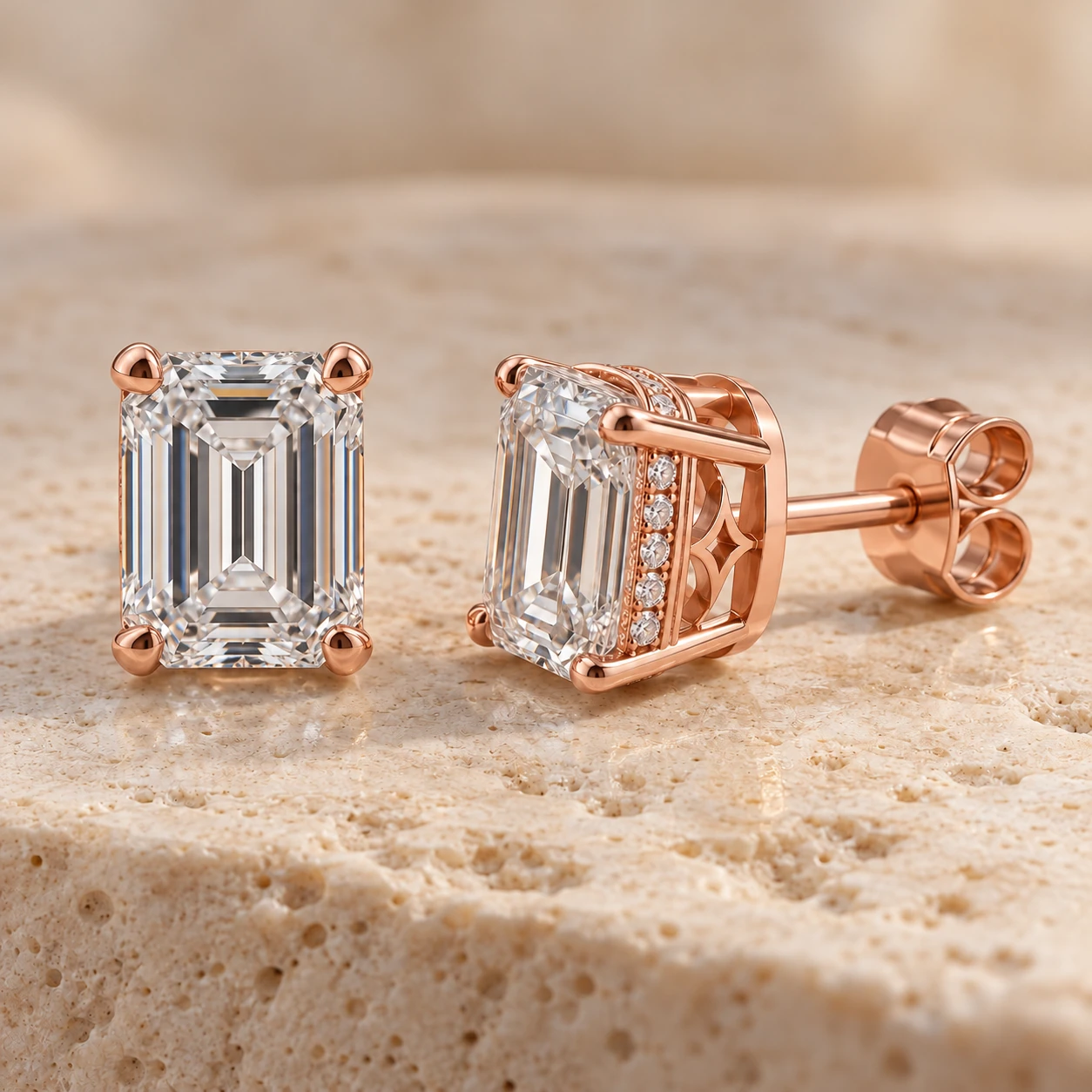 Emerald-cut hidden halo stud earrings in rose gold