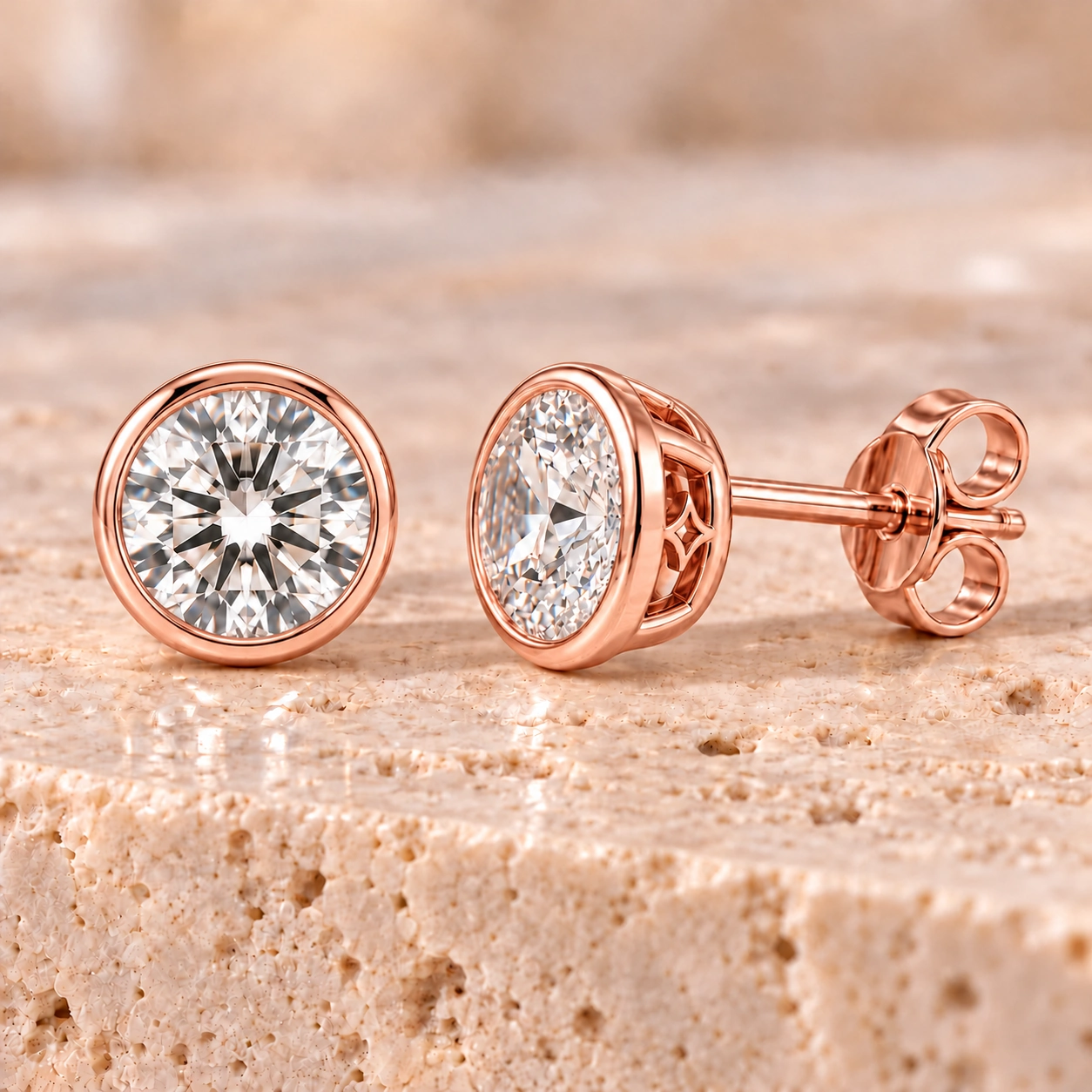 Round brilliant bezel stud earrings · 0.50 ct pair · Roségold