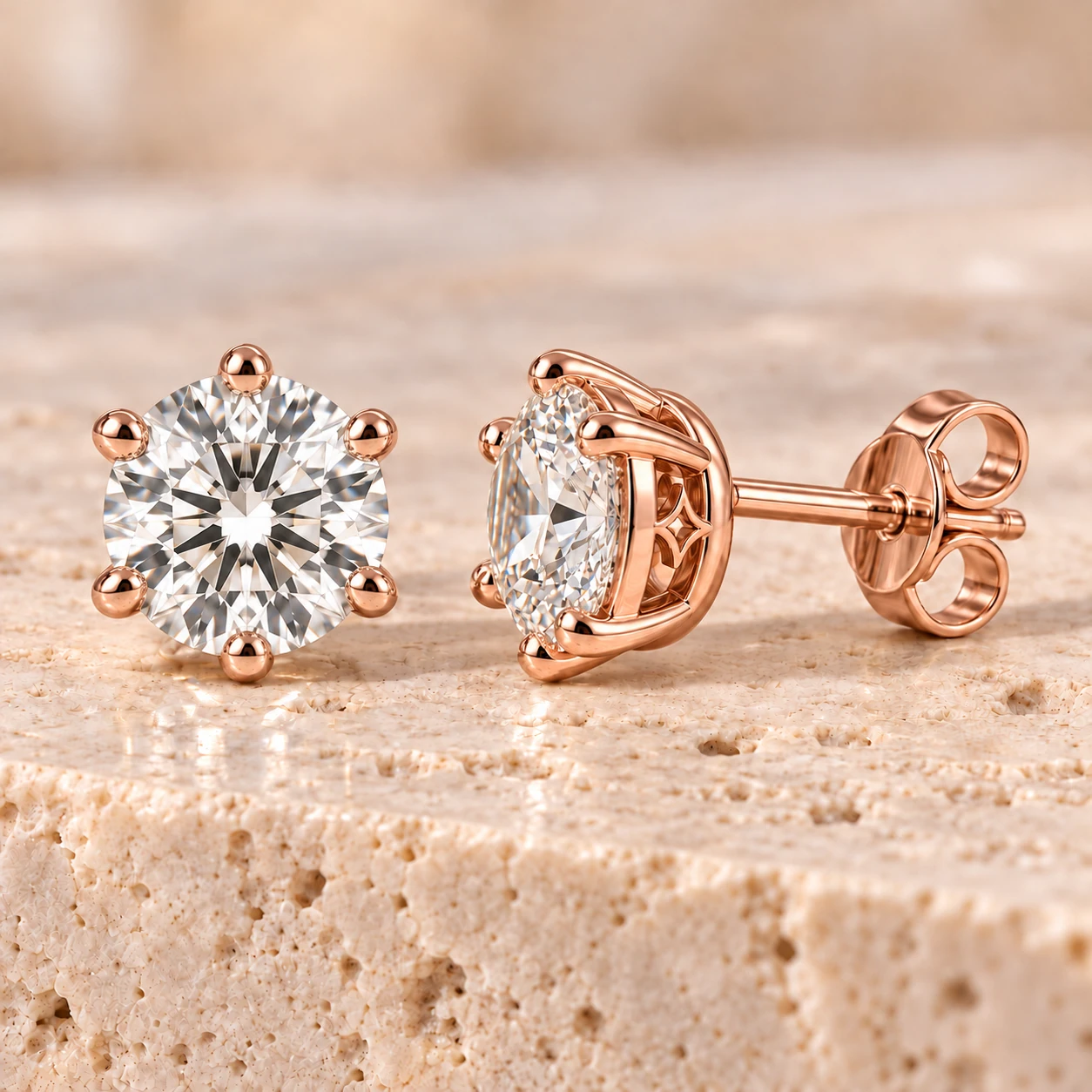 Round brilliant solitaire stud earrings in rose gold