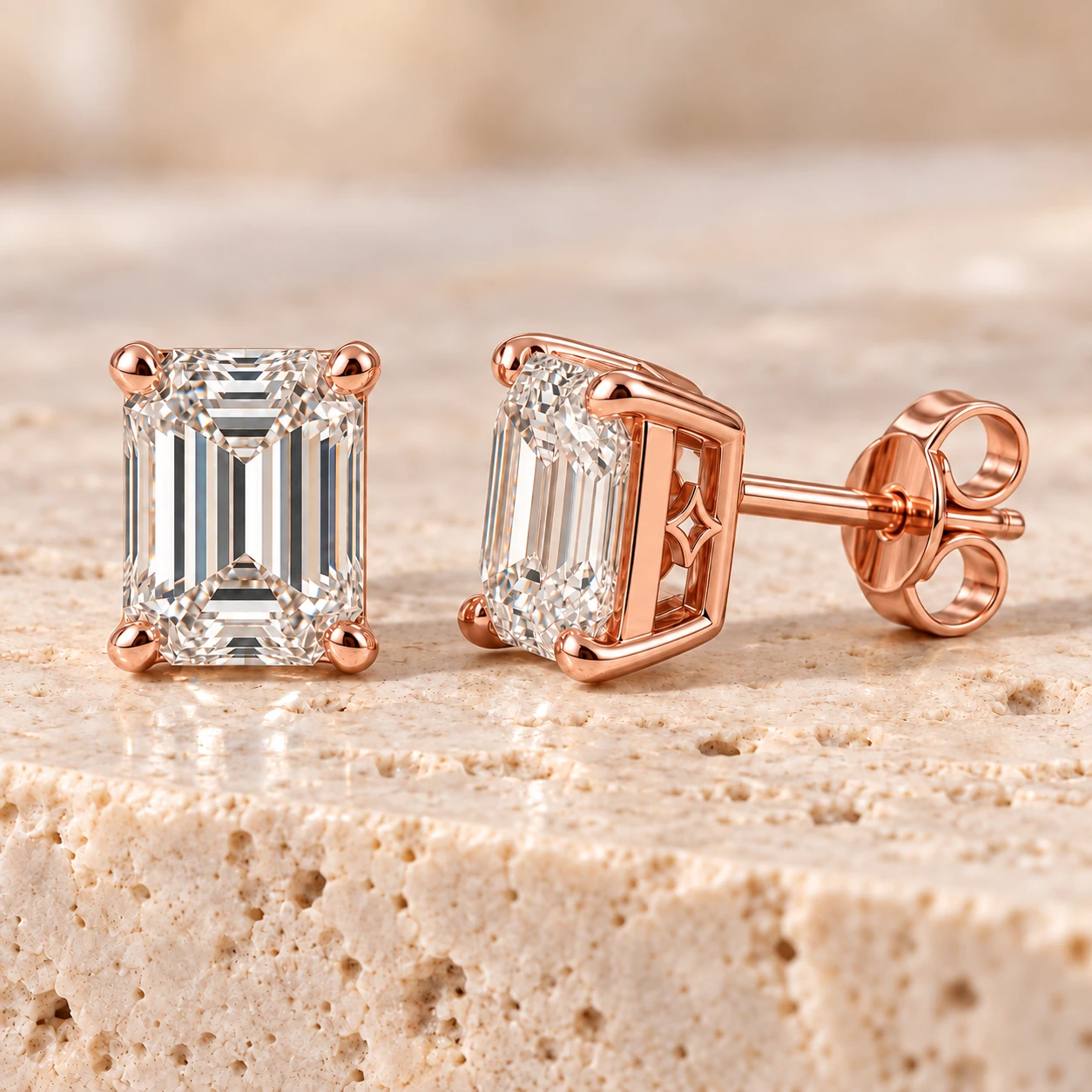 Emerald-cut solitaire stud earrings in rose gold