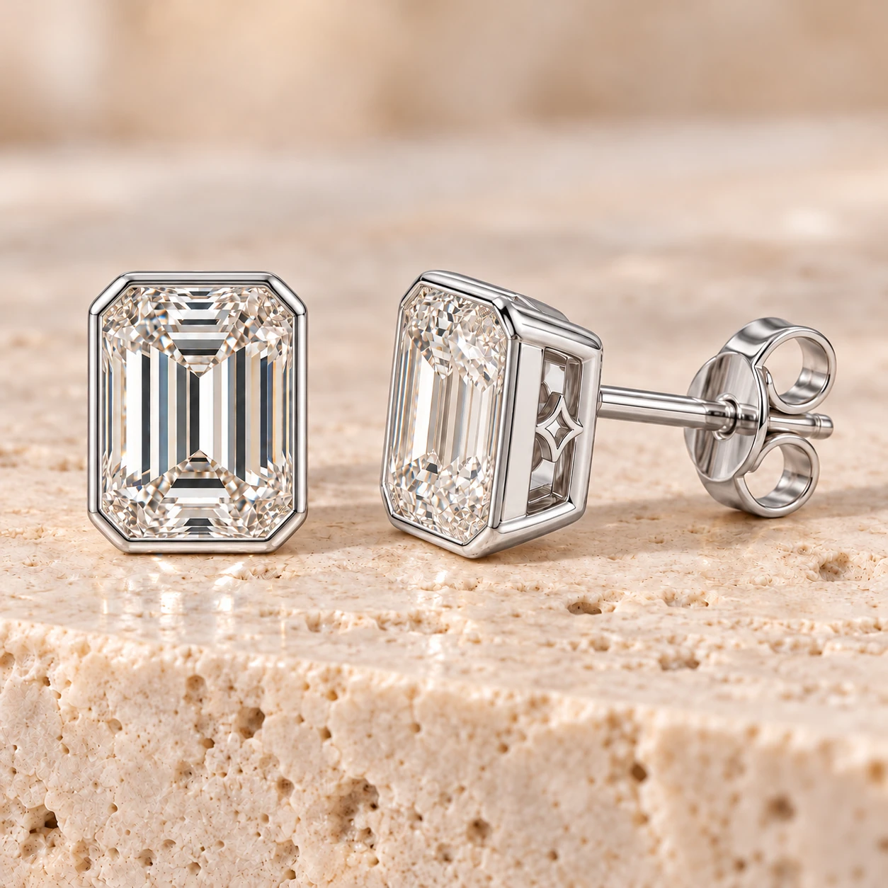 Emerald-cut bezel stud earrings in white gold
