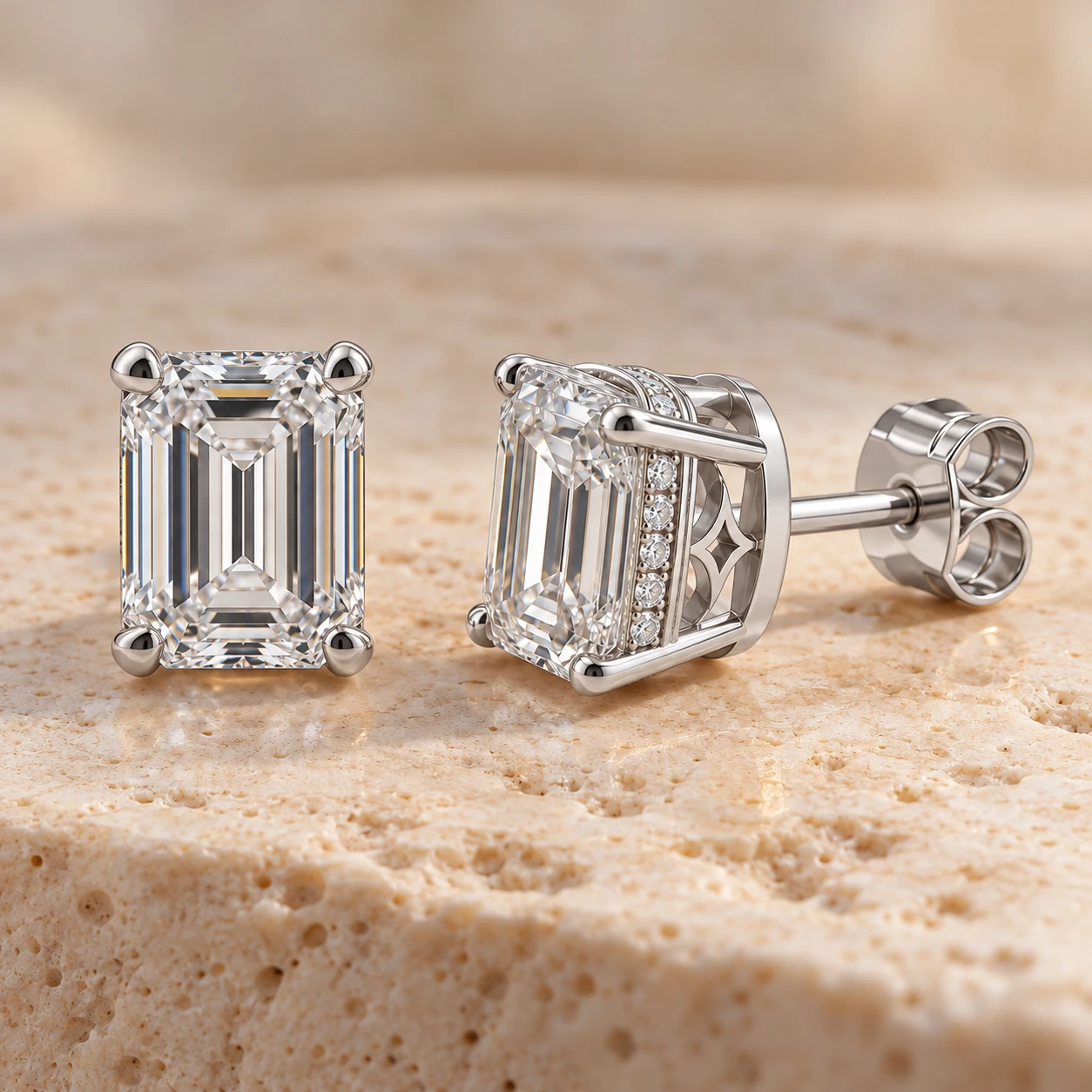 Emerald-cut hidden halo stud earrings in white gold