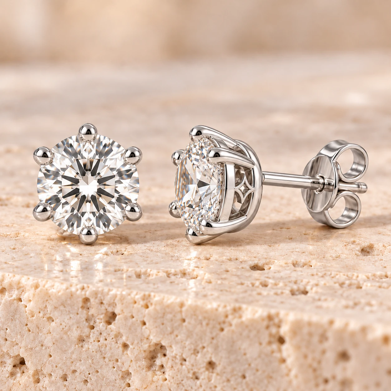 Round brilliant solitaire stud earrings in white gold