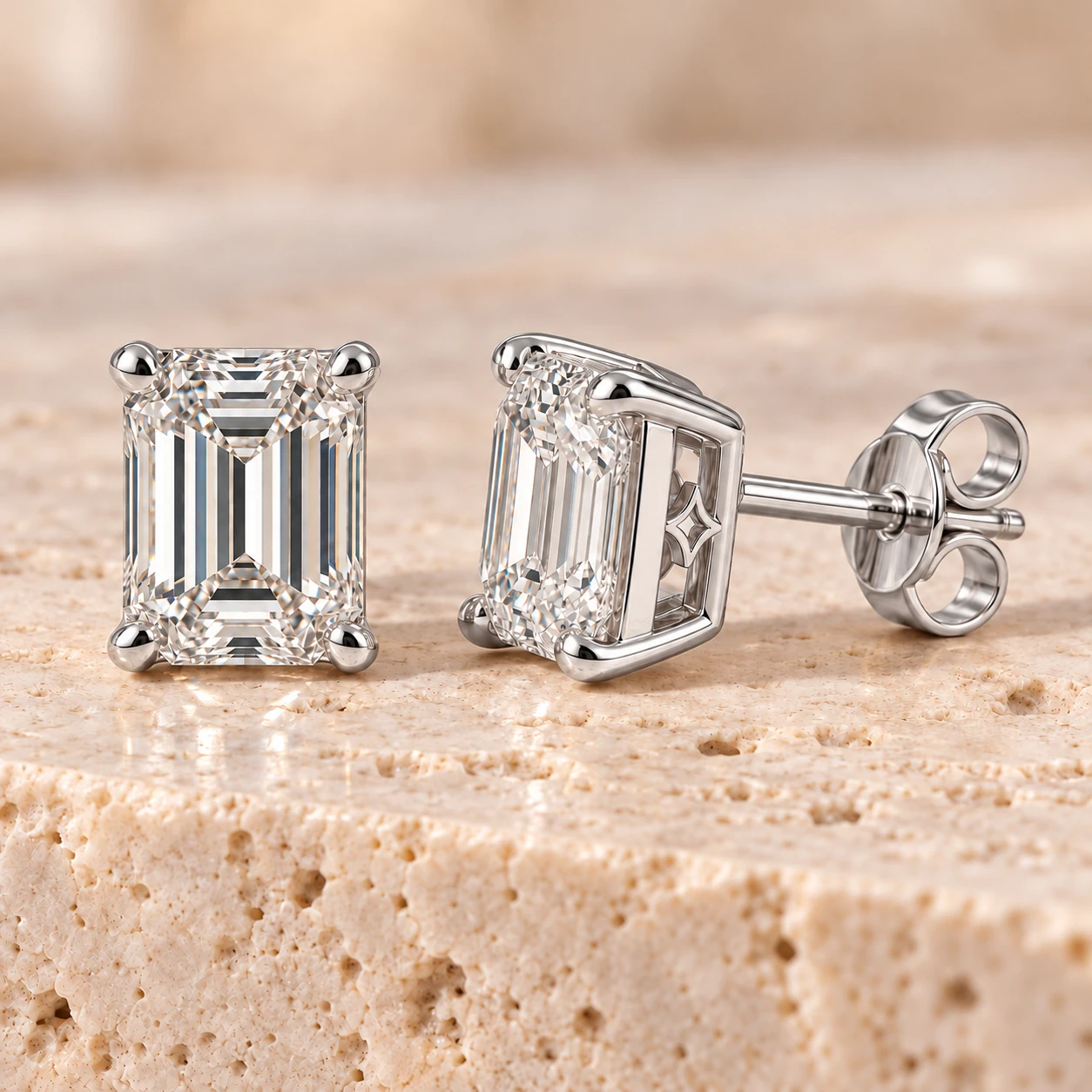 Emerald-cut solitaire stud earrings in white gold