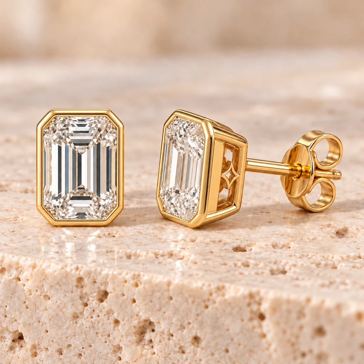 Emerald-cut bezel stud earrings in yellow gold