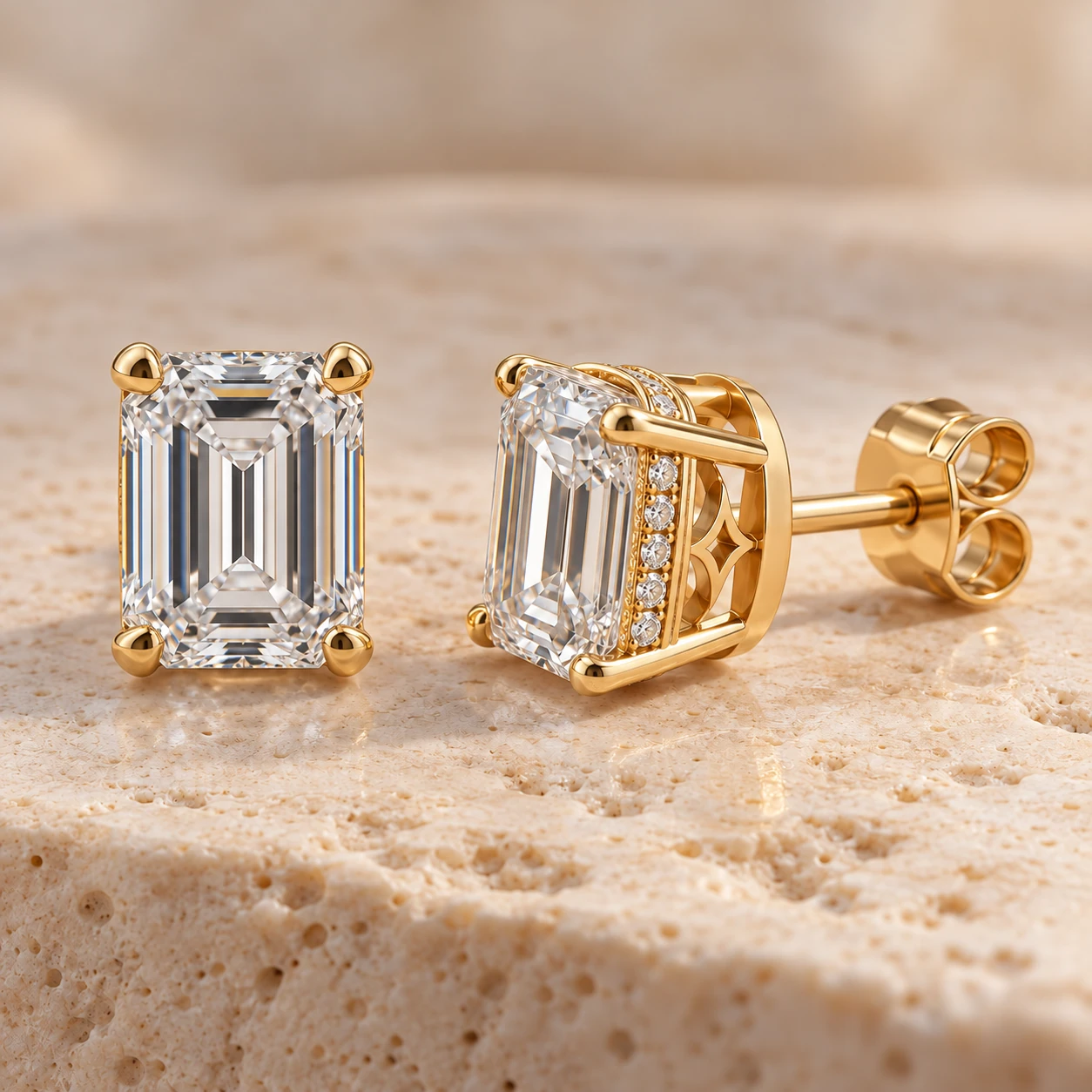 Emerald-cut hidden halo stud earrings in yellow gold