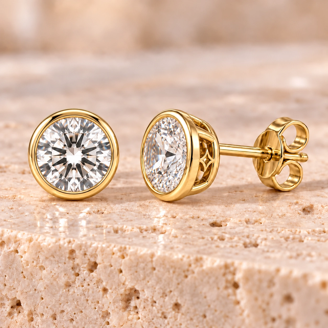 Round brilliant bezel stud earrings · 0.50 ct pair · Gelbgold
