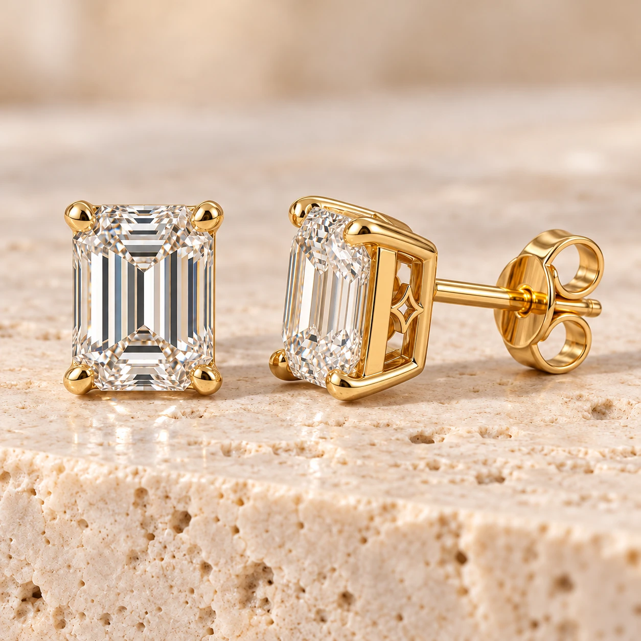 Emerald-cut solitaire stud earrings in yellow gold