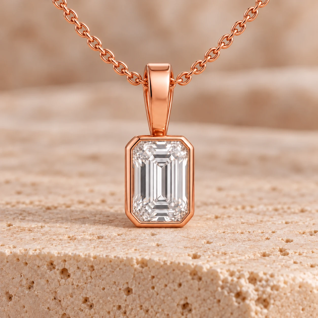 Emerald-cut bezel pendant in rose gold