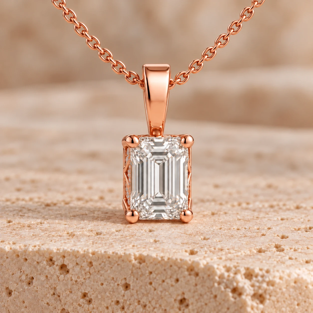 Emerald-cut hidden halo pendant in rose gold