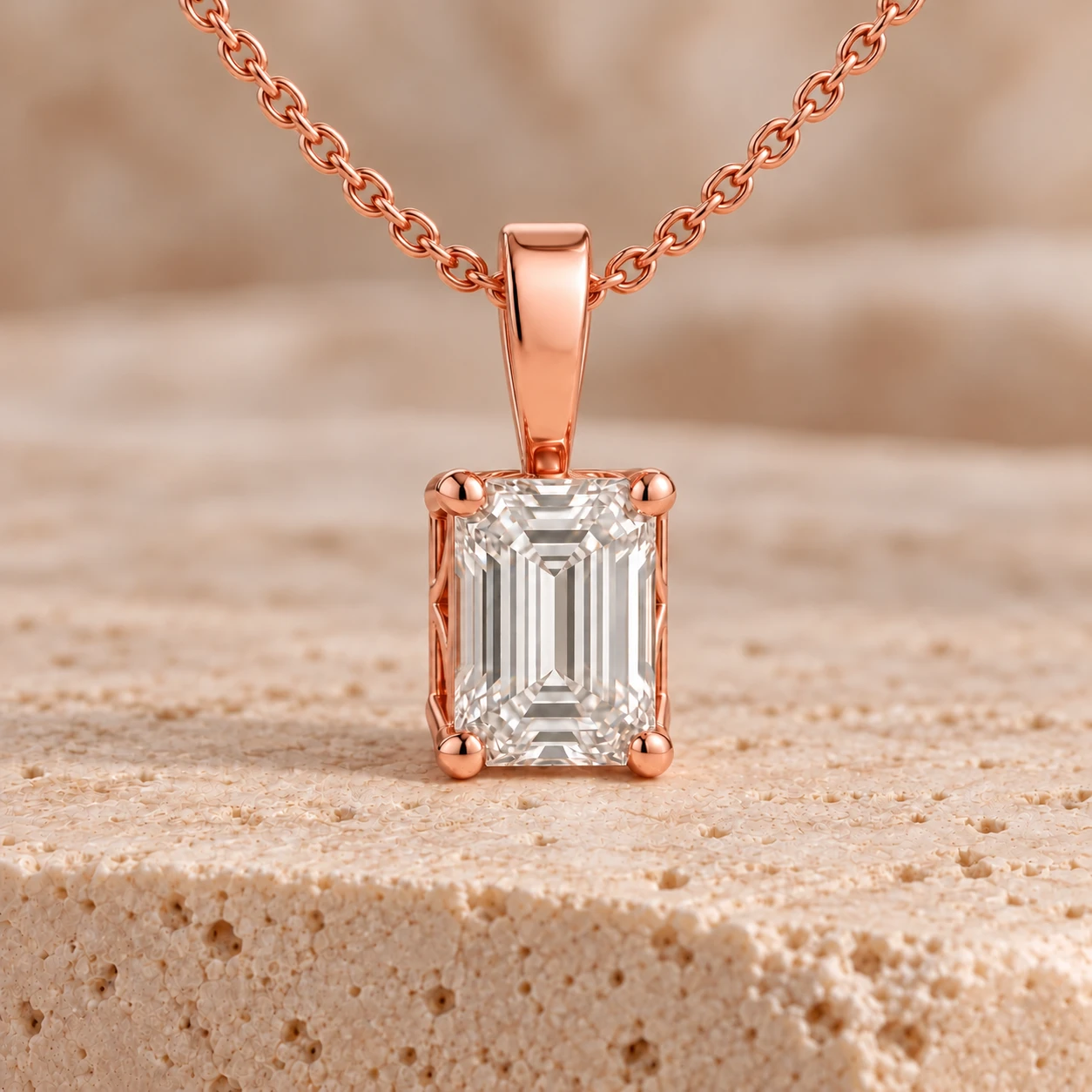 Emerald-cut solitaire pendant in rose gold