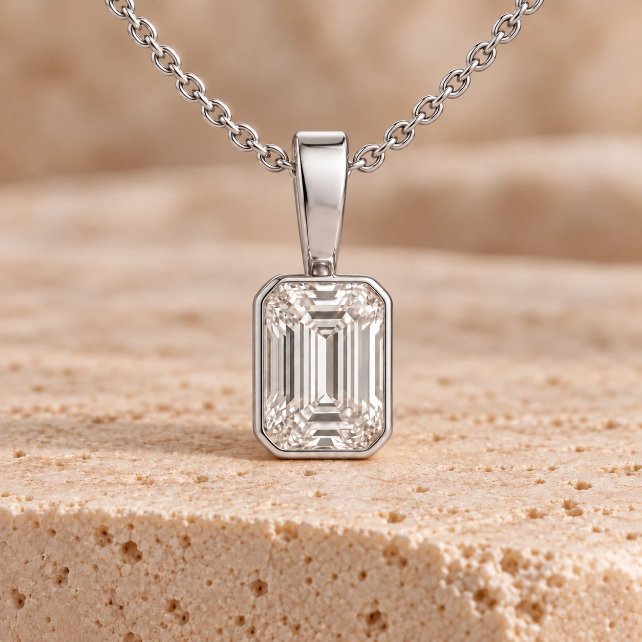 Emerald-cut bezel pendant in white gold