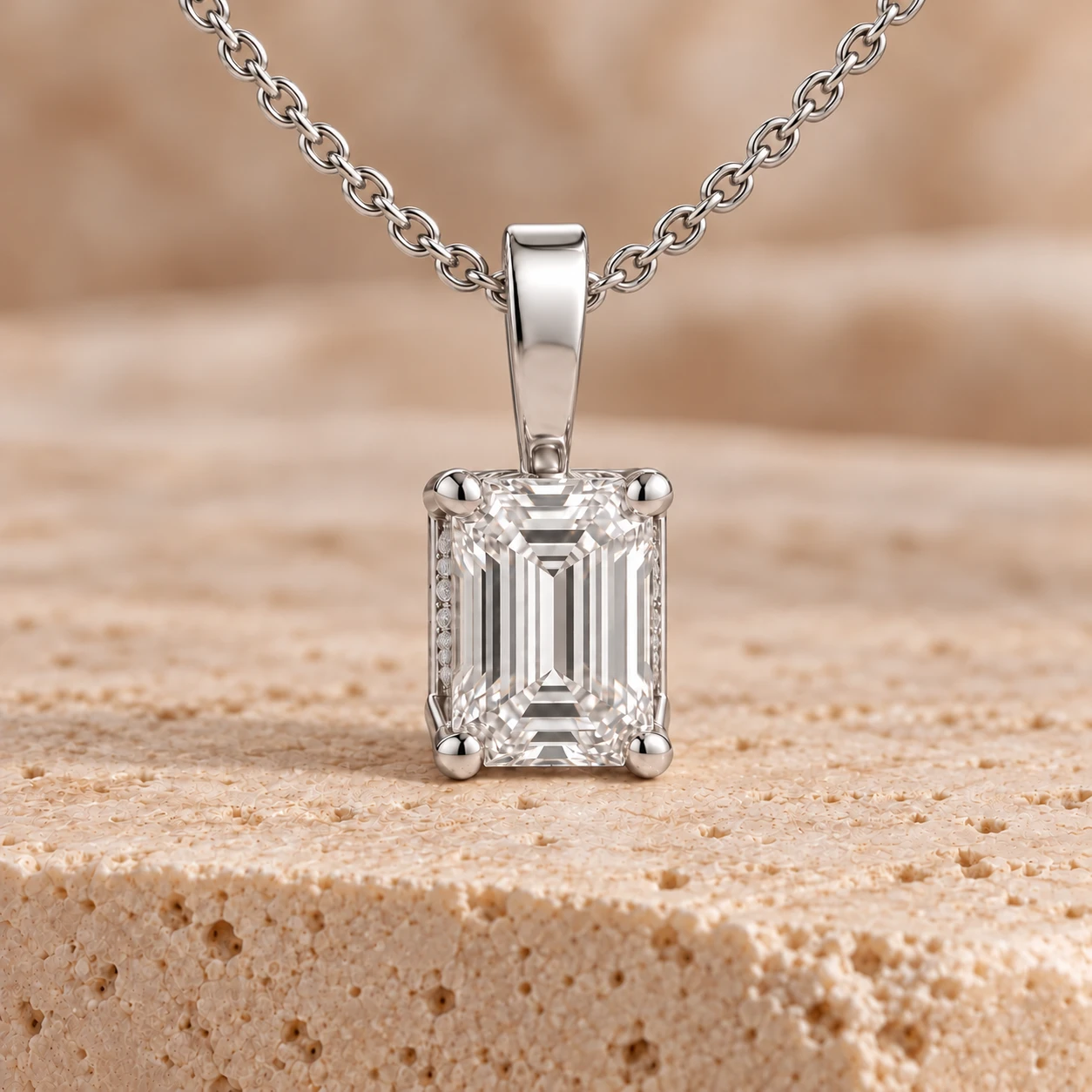 Emerald-cut hidden halo pendant in white gold
