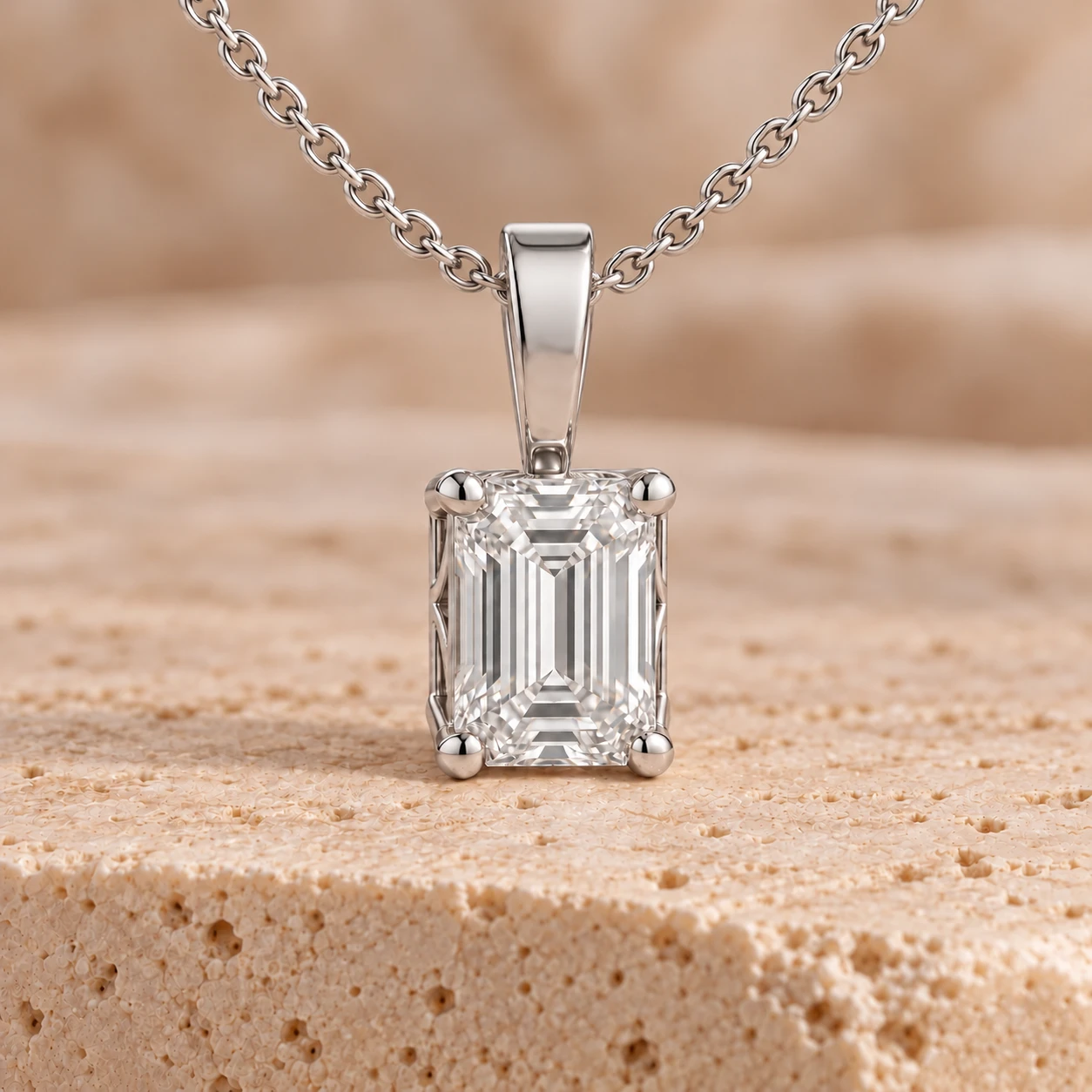 Emerald-cut solitaire pendant in white gold