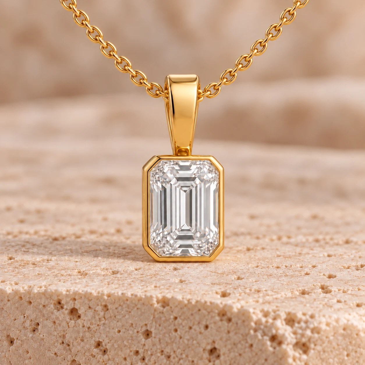 Emerald-cut bezel pendant in yellow gold