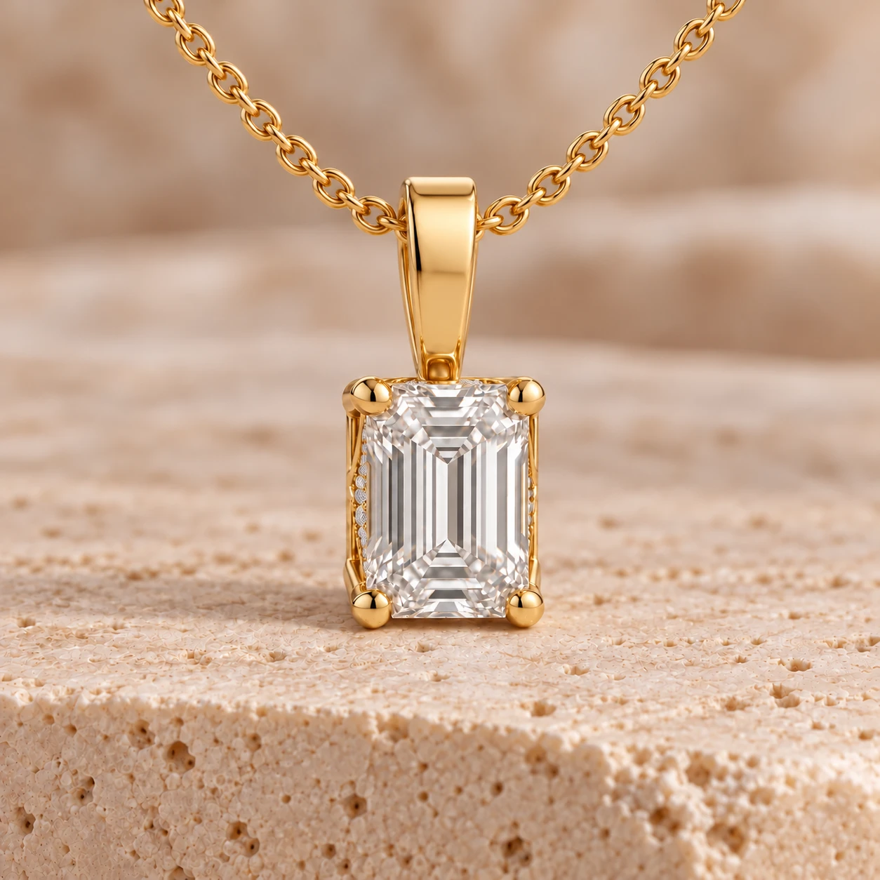 Emerald-cut hidden halo pendant in yellow gold