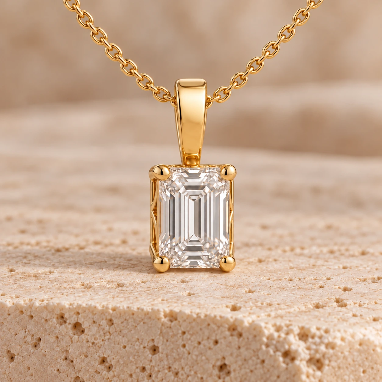 Emerald-cut solitaire pendant in yellow gold