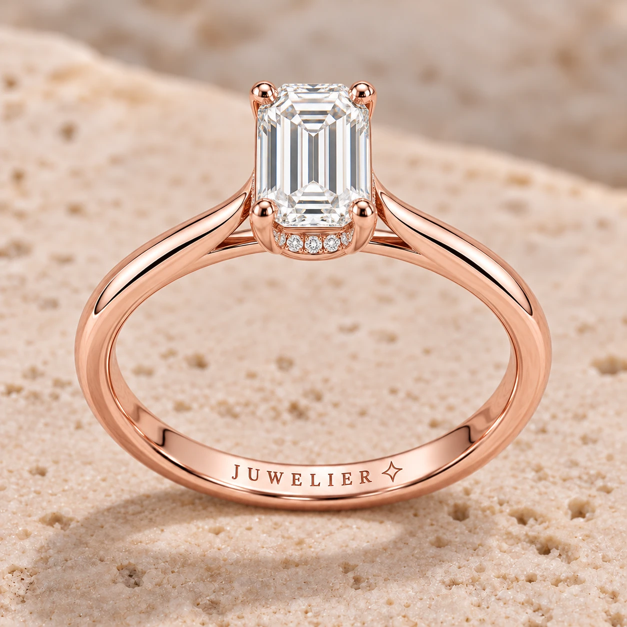 Emerald-cut hidden halo ring in rose gold