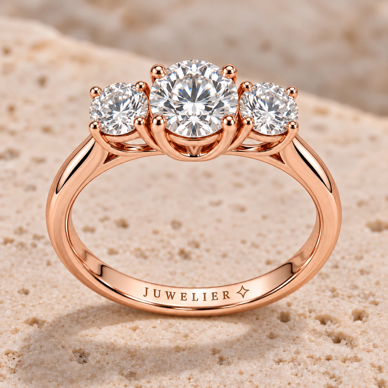 Round brilliant three-stone ring in rose gold