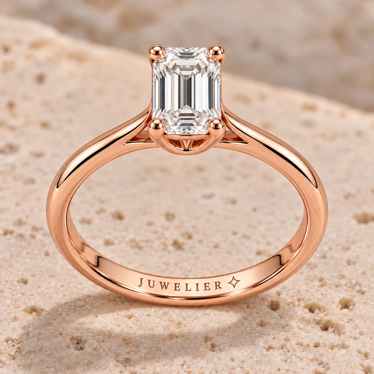 Emerald-cut solitaire ring in rose gold