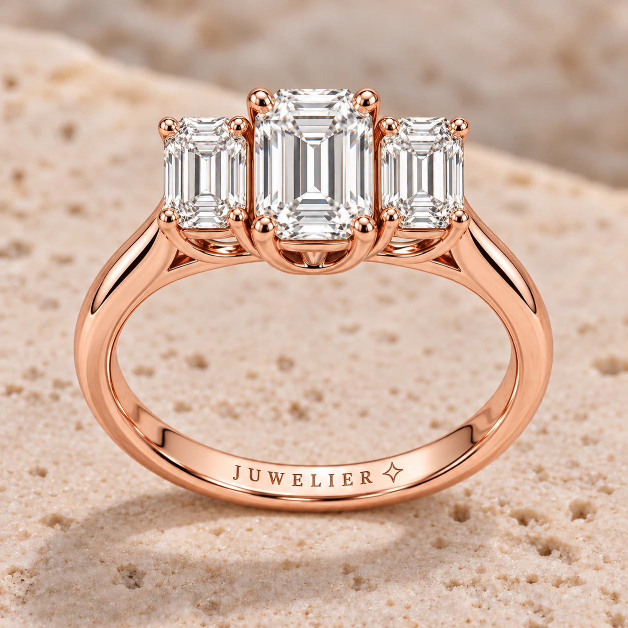 Emerald-cut three-stone ring in rose gold