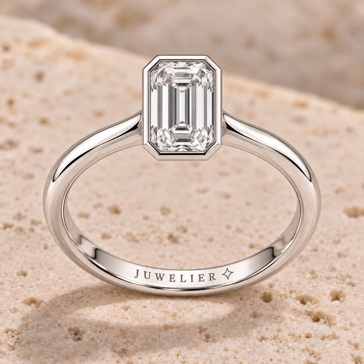 Emerald-cut bezel ring in white gold
