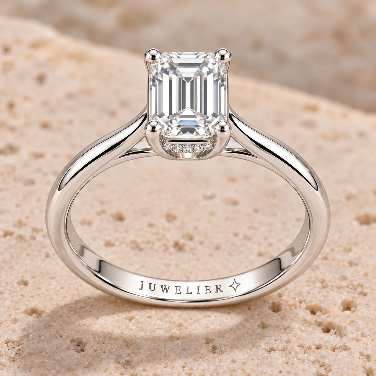 Emerald-cut hidden halo ring in white gold