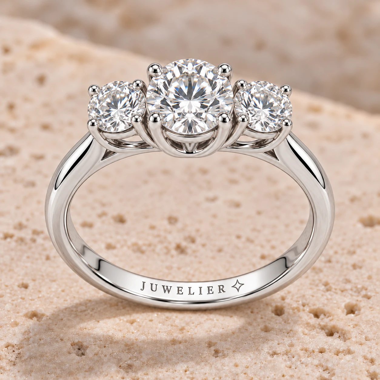 Round brilliant three-stone ring in white gold