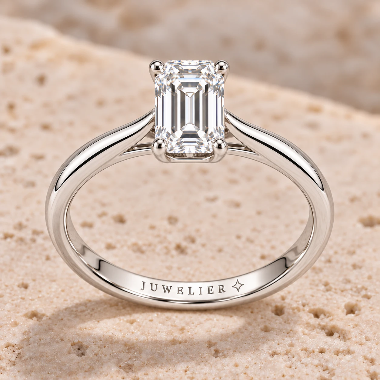 Emerald-cut solitaire ring in white gold