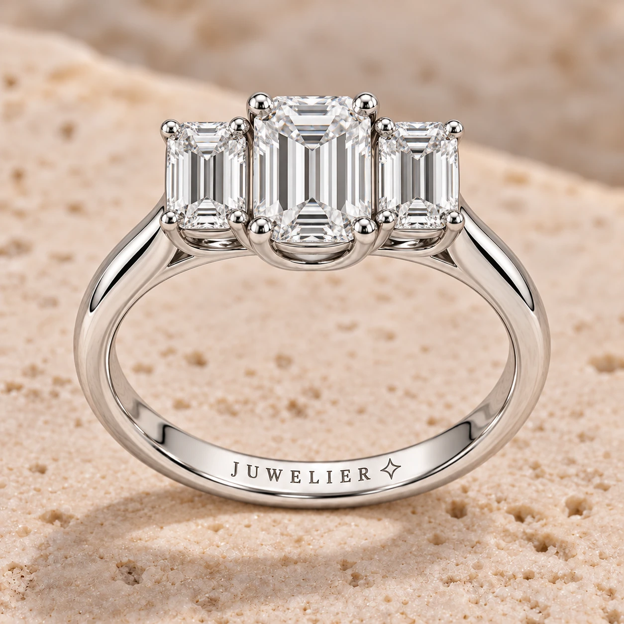 Emerald-cut three-stone ring in white gold