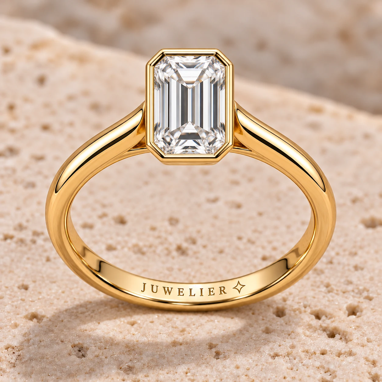 Emerald-cut bezel ring in yellow gold