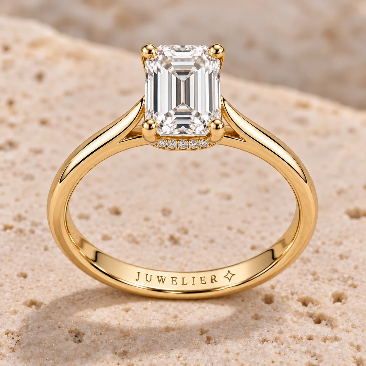 Emerald-cut hidden halo ring in yellow gold