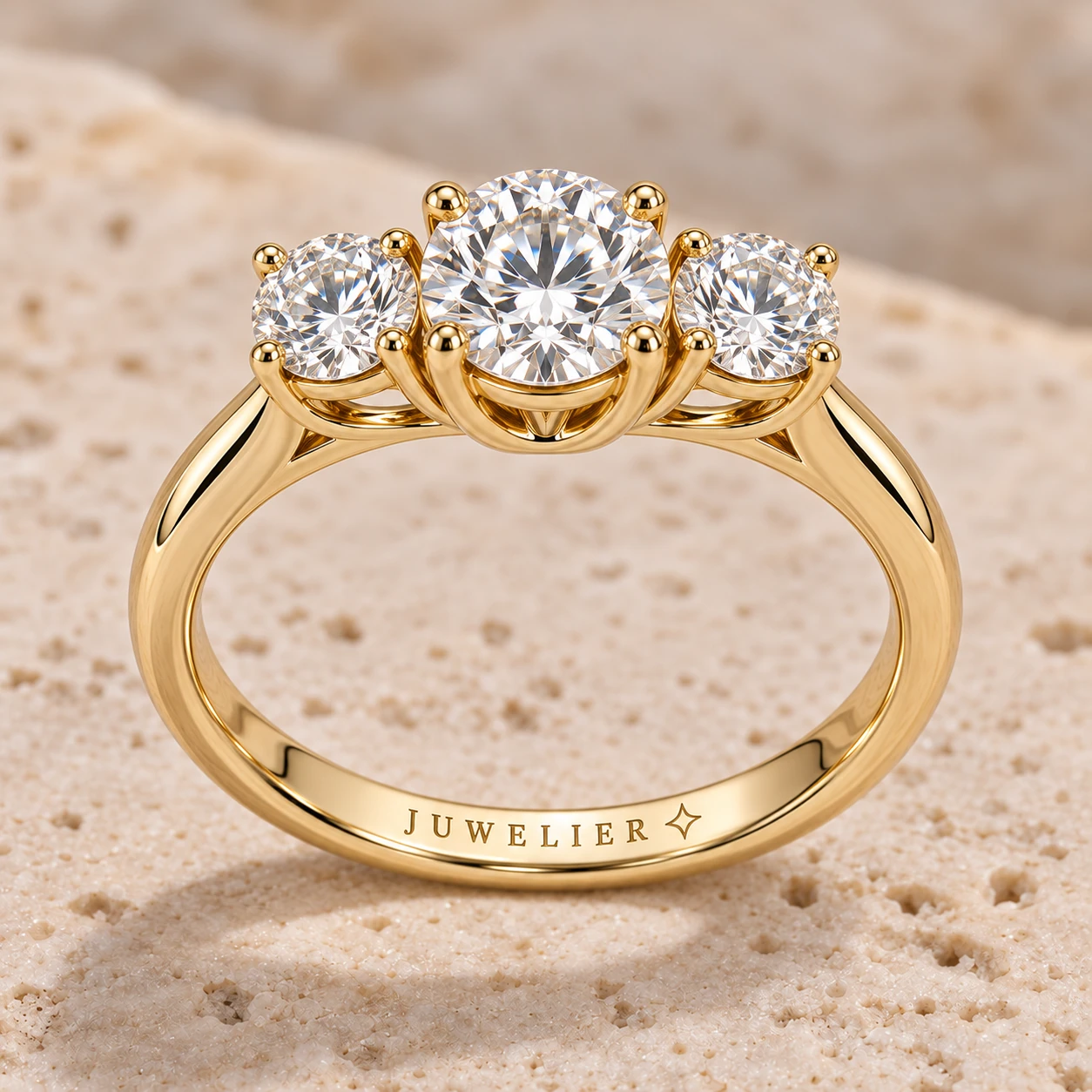 Round brilliant three-stone ring in yellow gold
