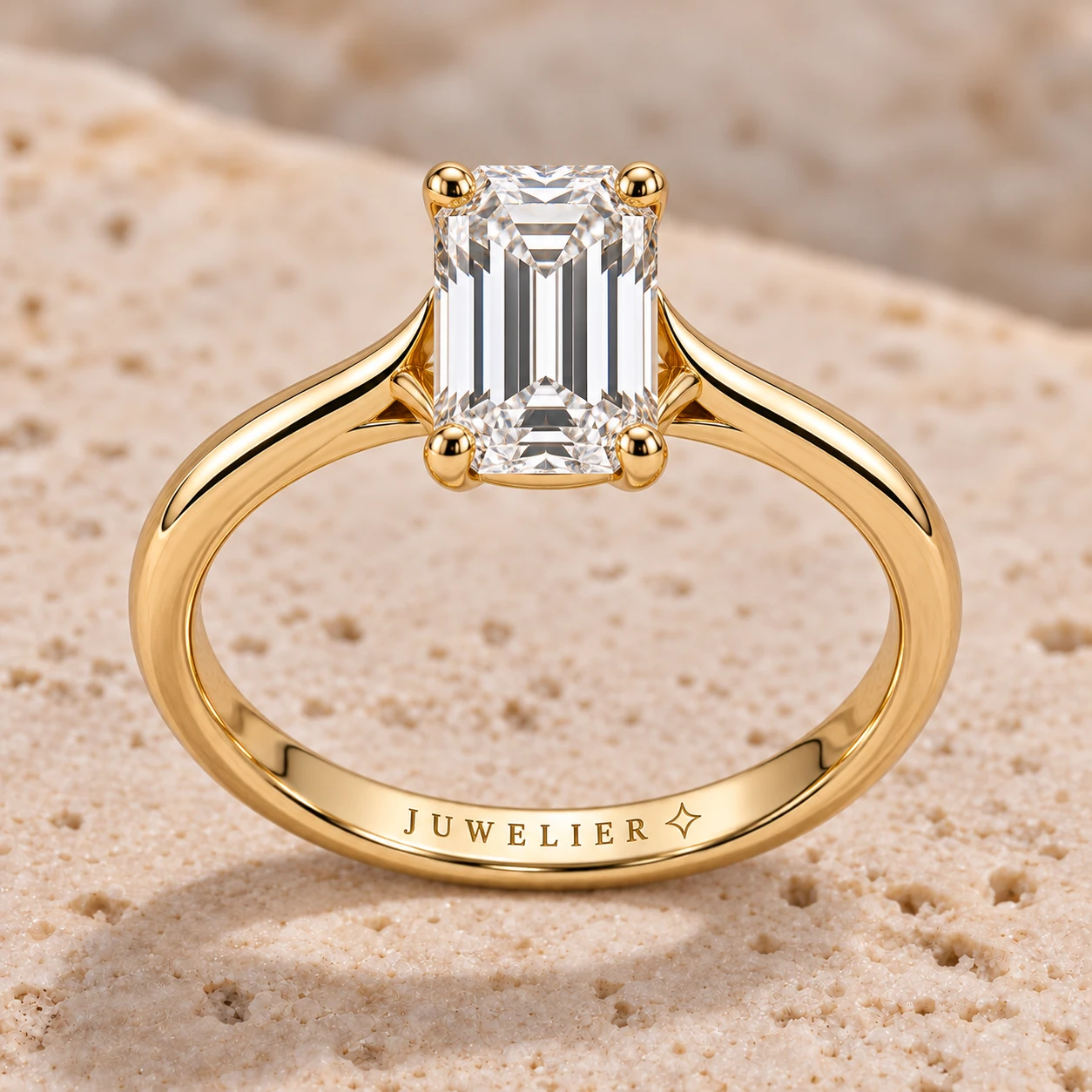 Emerald-cut diamond ring with JUWELIER laser engraving inside the gold band, concept image
