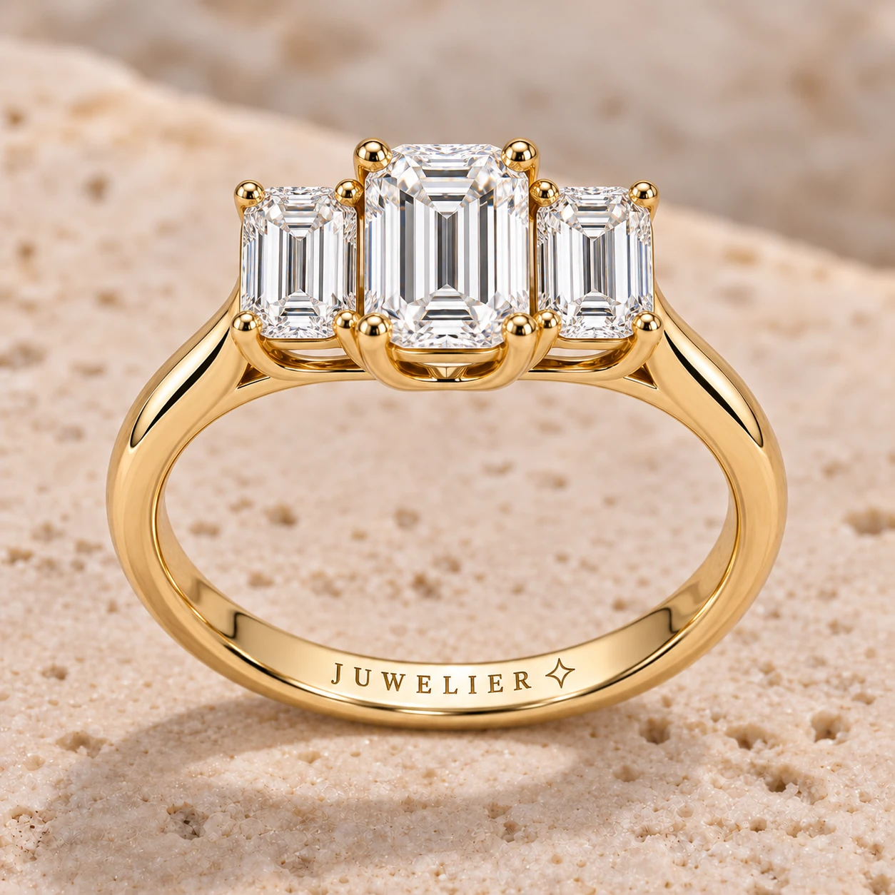 Emerald-cut three-stone ring in yellow gold