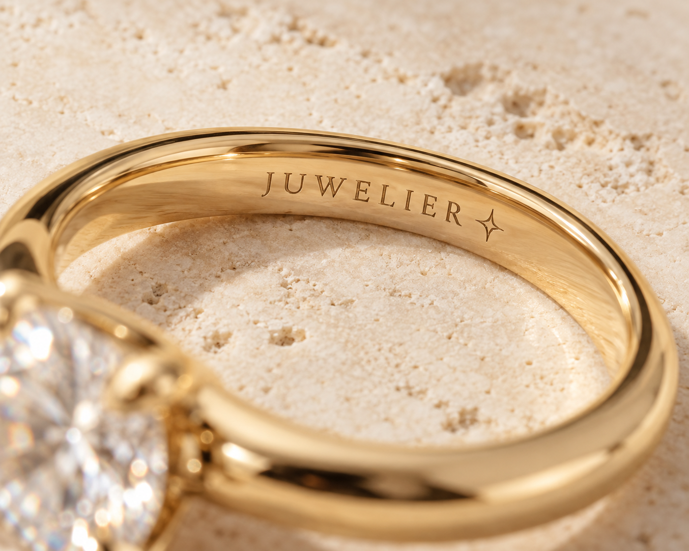 Concept image of JUWELIER and a four-point facet mark laser-engraved inside a gold ring band
