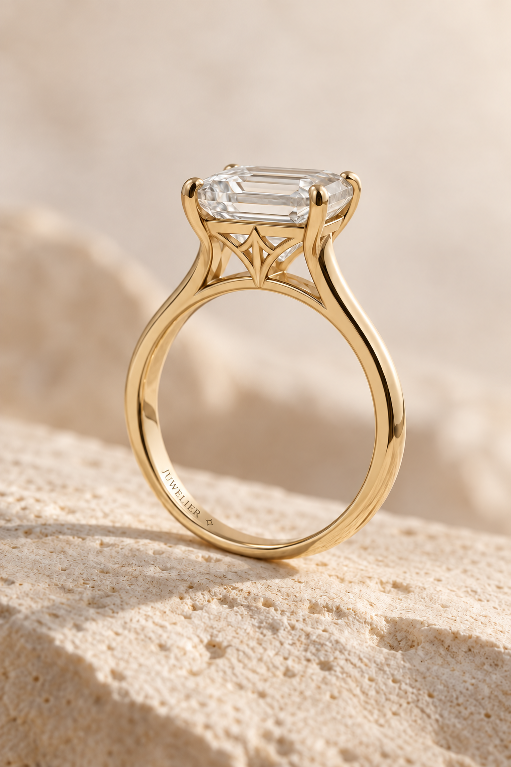 Emerald-cut diamond ring with JUWELIER laser engraving inside the gold band, concept image